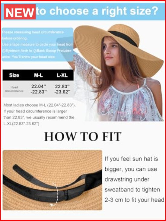 Oversize Wide Brim Straw Beach Hat Floppy Foldable UPF 50+